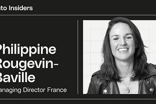 Composition photo and text: on the left the text reads “Philippine Rougevin-Baville, Managing Director France”. On the right there is a black and white photograph of a smiling woman with shoulder-length dark hair. She wears a long necklace, and a dark leather jacket.