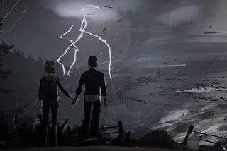 Two characters stand hand in hand looking over a cliff at a storm approaching.