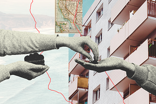 A collage of images depicts an outstretched hand distributing a meager ration of berries as retro apartments and a California coast divide the background.