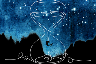 The night sky melts through an hourglass while a woman falls through the sands