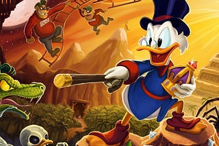 Scrooge MacDuck, the Disney Cartoon holding a stick amid treasures