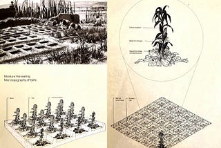 The image is a spread from Julia Watson’s book ‘Lo-Tek: Design by Radical Indigenism’, showing the special design of waffle gardens. There is a photograph and 2 diagrams. They’re essentially a grid of low walls with a combination of plants in each cell.