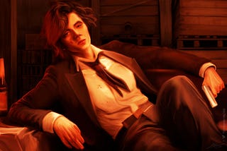Woman in a tuxedo reclining and holding a pistol, messy hair and bloody face, background is a storeroom filled with crates