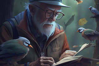 an old man sits in the forest and teaches birds to read and write. i liked this image to illustrate the medium partner program because the old man represents medium, and we (the writers) are the little birds flocking around him to earn money.