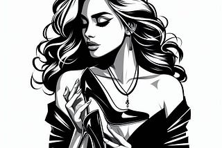A black and white modern illustration of a young woman holding a pair of shoes