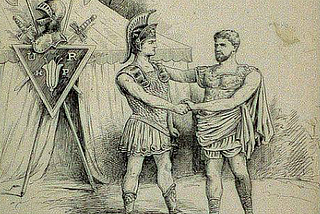 Drawing of two friends in classical times, dated 1898.