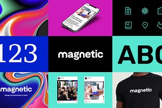 a nine panel visual summary of Magnetic’s visual identity system comprising logo, fonts, social media post examples, staff t-shirt and how the website appears on mobile devices