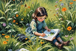 Young child sitting in grass counting insects as her first research project.