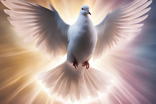 A white dove spreads its wings that shine in the light.