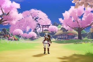 The customizable main character of Rune Factory: Guardians of Azuma stands on a road surrounded by bright pink trees.