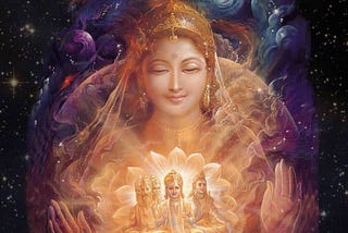 Picture of Adishakti and the three main dieties in hinduism