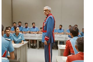 An older man, about 60 years old, wearing a blue-and-red uniform, speaking to a group of 14 men and women wearing blue uniforms, seated at separate desks in a futuristic briefing room