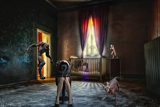 A woman sitting on a chair, in a room, crouched low with her head on her knees. Befind her, to the left is the doirway, with a monster about to enter the room. Directly behind her is a cot, inside the cot is a another monster and on the right side of her is a rabid demon dog.