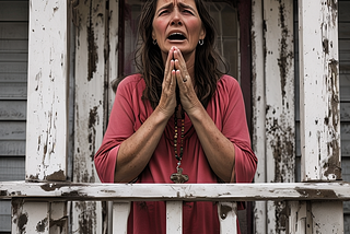 An old woman praying on her porch