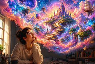 A young woman daydreams by a window as a bright fantasy world of castles, stars, floating islands, clouds and a unicorn fills the room.