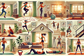 Multiple scenes showing home workout