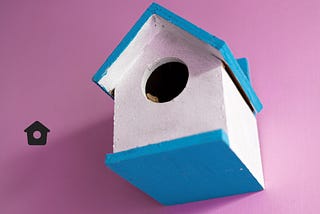A black twitter “home” icon beside a white and blue bird house.