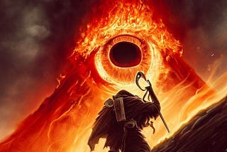 Frodo carrying the one ring up the slopes of Mount Doom, under the baleful eye of Sauron.