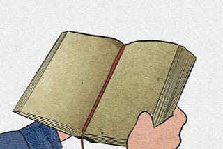 An image of someone holding an open book with blank pages.