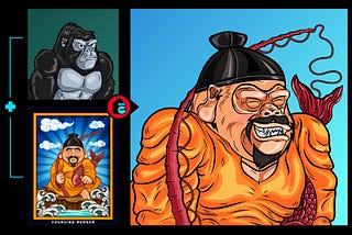 Two small images of a basic Cryptoback Gorilla NFT and an Ebisu’s Bay Founding Member NFT as the inspiration for the larger image of an Honorary Ebisu Cryptoback Gorilla NFT.