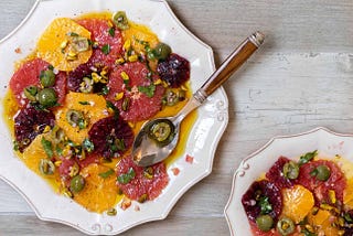 Winter Citrus Salad with Pistachio-Castelvetrano Olive Relish