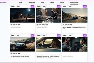 A screenshot of the Storyboard page on the Saga app, which shots from different movie scenes and notes. One of the shot panels has previz animation of the shot.