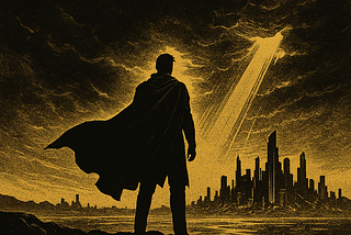 Digital artwork of a cloaked man standing on dark terrain, facing a broken futuristic city at sunset. The scene uses a black and gold color palette with storm clouds and dramatic lighting.