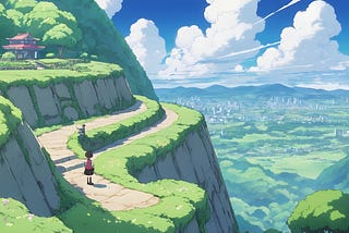A child on a hilltop path, cartoon style
