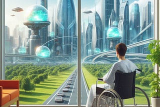 looking out of a hospital window at a futuristic cityscape