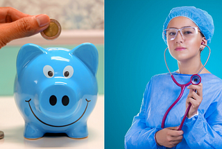 A blue piggy bank with someone holding a coin over it on one side and a doctor with blue outfit holding a stethoscope.