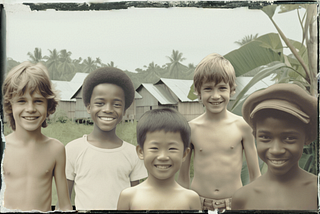 A group of young boys against a jungle background. Looks like an old photo.