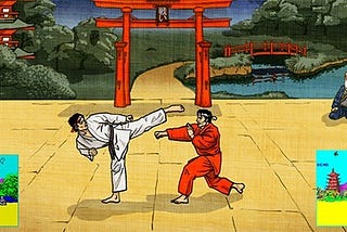 Two fighters fighting in a Japanese temple. From the game “The way of the exploding fist”.