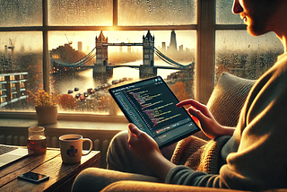 A developer writing a program on a tablet computer on a rainy day in London