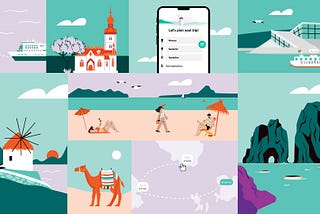 Illustration showing attractions and landscapes of destinations served by Ferryhopper