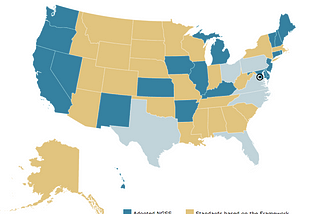 Map of the United States highlights states that adopted the NGSS in dark blue, yellow for standards, light blue for neither.