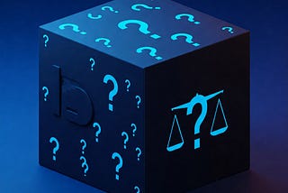 Illustration of a black box symbolizing Gen AI with question marks and skewed scales.