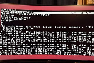 The opening paragraphs of my novel Amiga transcribed into PaperClip for the Commodore 64.