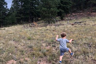 a little boy is stomp dancing joyfully in a mountain meadow