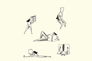 Illustrations of female charcter reading books in different positions: walking carrying books, cross legged, doing the splits