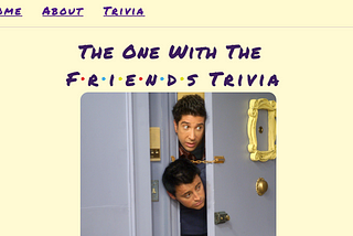 My app cover page “The One With The Friends Trivia” with an image of the Friends cast sticking their heads into the door. (part1)