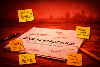 A stylized, AI-generated image showing a printed report titled Beyond the AI Inflection Point resting on a table, heavily marked with handwritten edits and covered in yellow sticky notes. The scene is rendered in muted yellow hues with soft silhouettes and no fine detail, suggesting extensive critique and revision rather than completion.