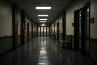 Empty hallway inside a government building with closed doors and muted lighting.