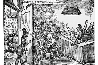 b/w drawing showing a cadaver on a bench seeming to leap into life while people watch. At a door to the left, a man in a tall hat tries to enter, saying “I came to take a cast of his head”. A man answers: “You must wait till the galvanic operations are over.” Behind the man in the hat, people can be seen outside in the background crowding round under a sign reading ‘Camera Obscura of the Murder’