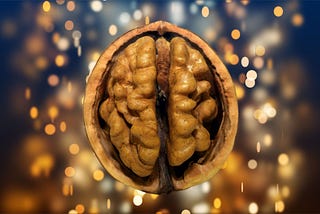 A close up of an opened walnut shell displaying the two halves of a walnut resembling a human brain and suspended against a dark background scattered with small white, orange and brown circles some of which are blurred.