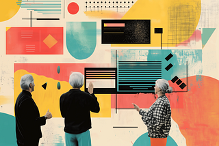 Prompt: A contemporary collage featuring diverse older adults interacting with oversized UI elements, bold typography, and playful shapes that represent easy-to-use tech, modern, abstract, colorful, editorial style