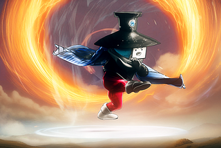 The wizard Jeff does an epic roundhouse kick at no-one in particular. There’s a high energy swirl of sparks behind him, like the kick was super powerful.