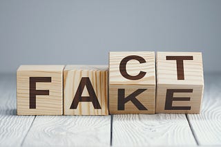 Four blocks with two tilted, so that both the word fact and fake can be read