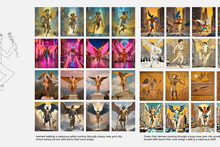 A screenshot of a sketch of Hermes running with 32 AI-generated versions of from the prompt “Greek God Hermes running through a busy new york city street during sunset with boots that have wings holding a caduceus staff.”