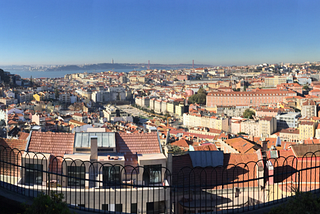 Elevated view of rooftops in the city of Lisbon, Portugal