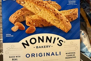 A box of Nonnie’s Almond Biscotti